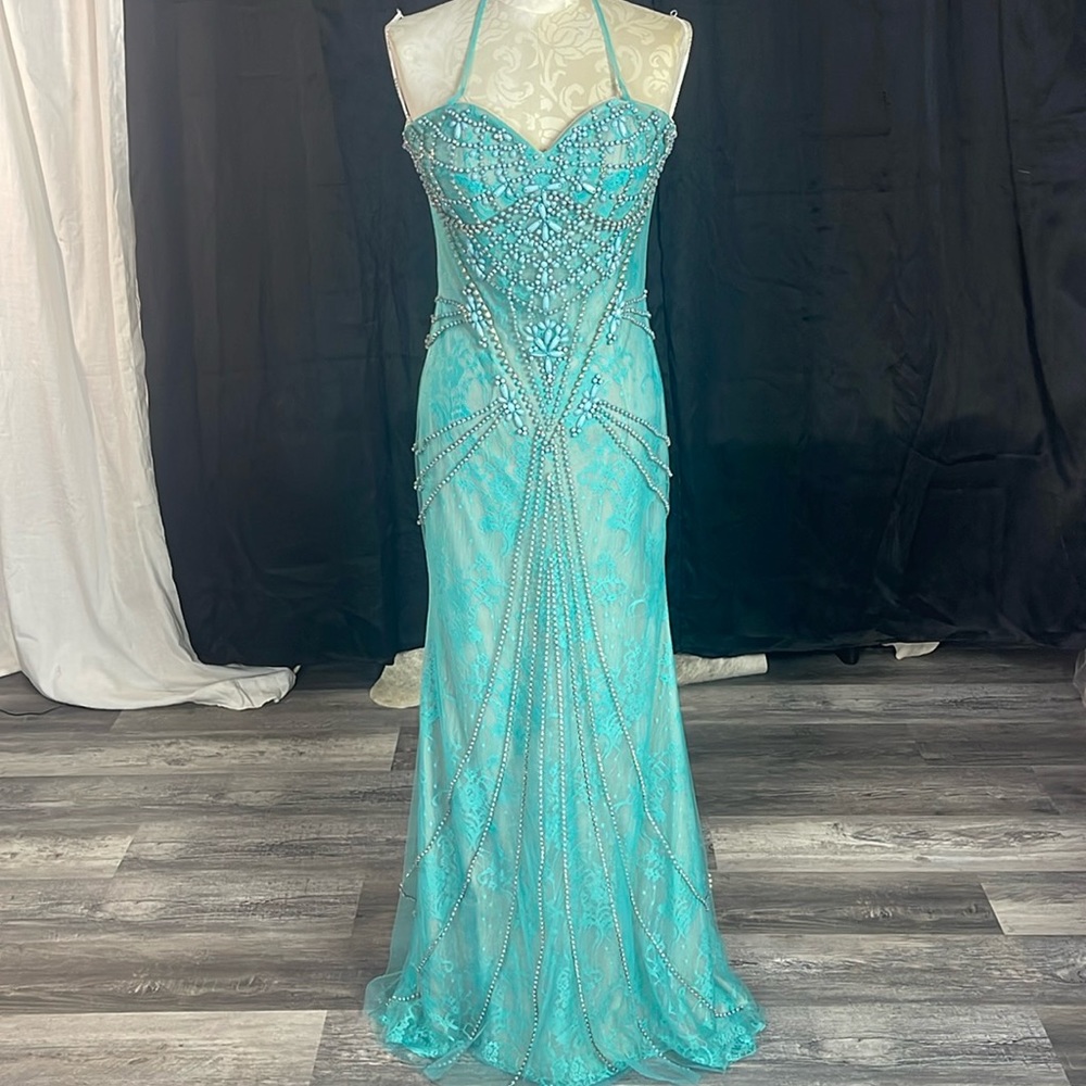 Beaded turquoise prom pageant dress size 10 lace overlay nude fitted gown